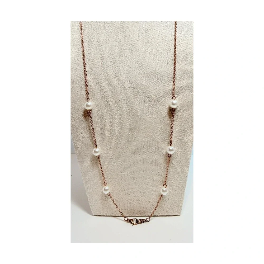 Vintage Gold‎ Tone Faux Pearl Station Necklace Double Lobster Clasps 27"